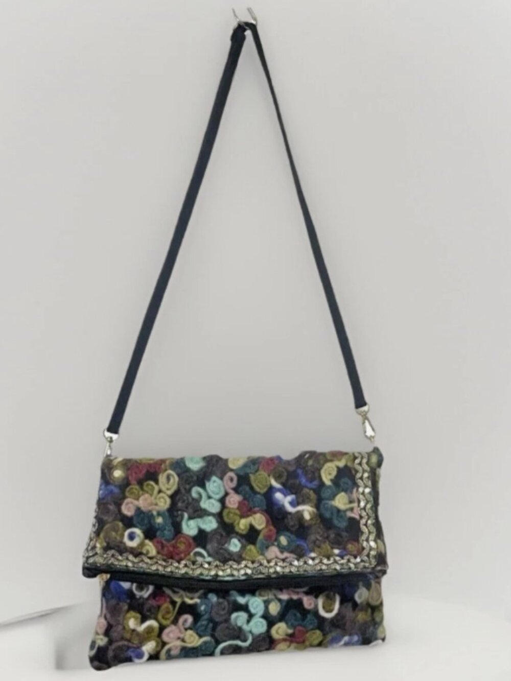 FELTED WOOL CREWEL EMBROIDERED COLORFUL FLORAL FOLD OVER CROSSBODY CLUTCH BAG